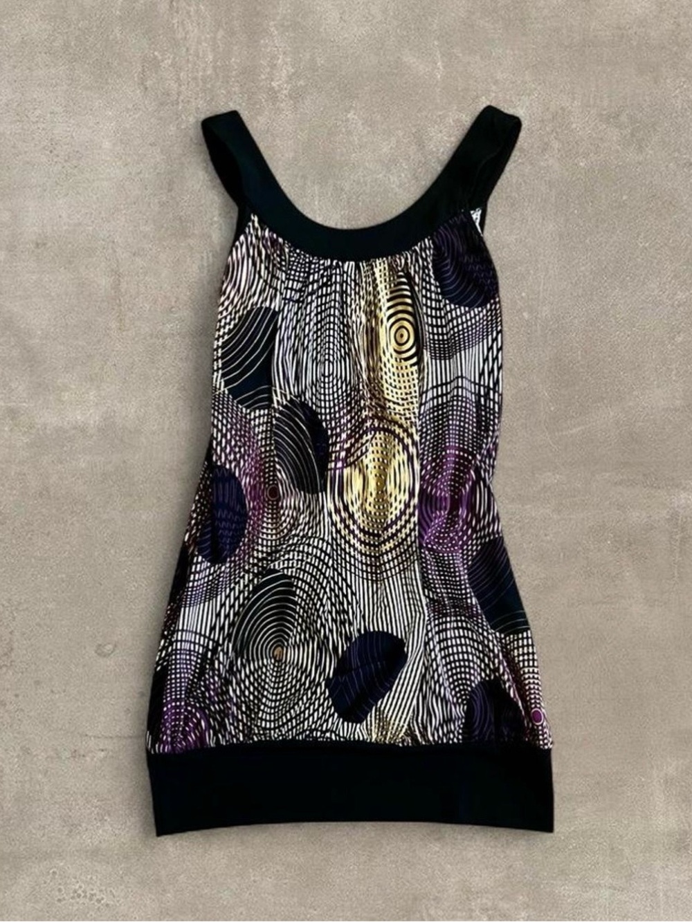 Sleeveless Scoop Mini Dress with Black, Purple & Gold Graphic Circles